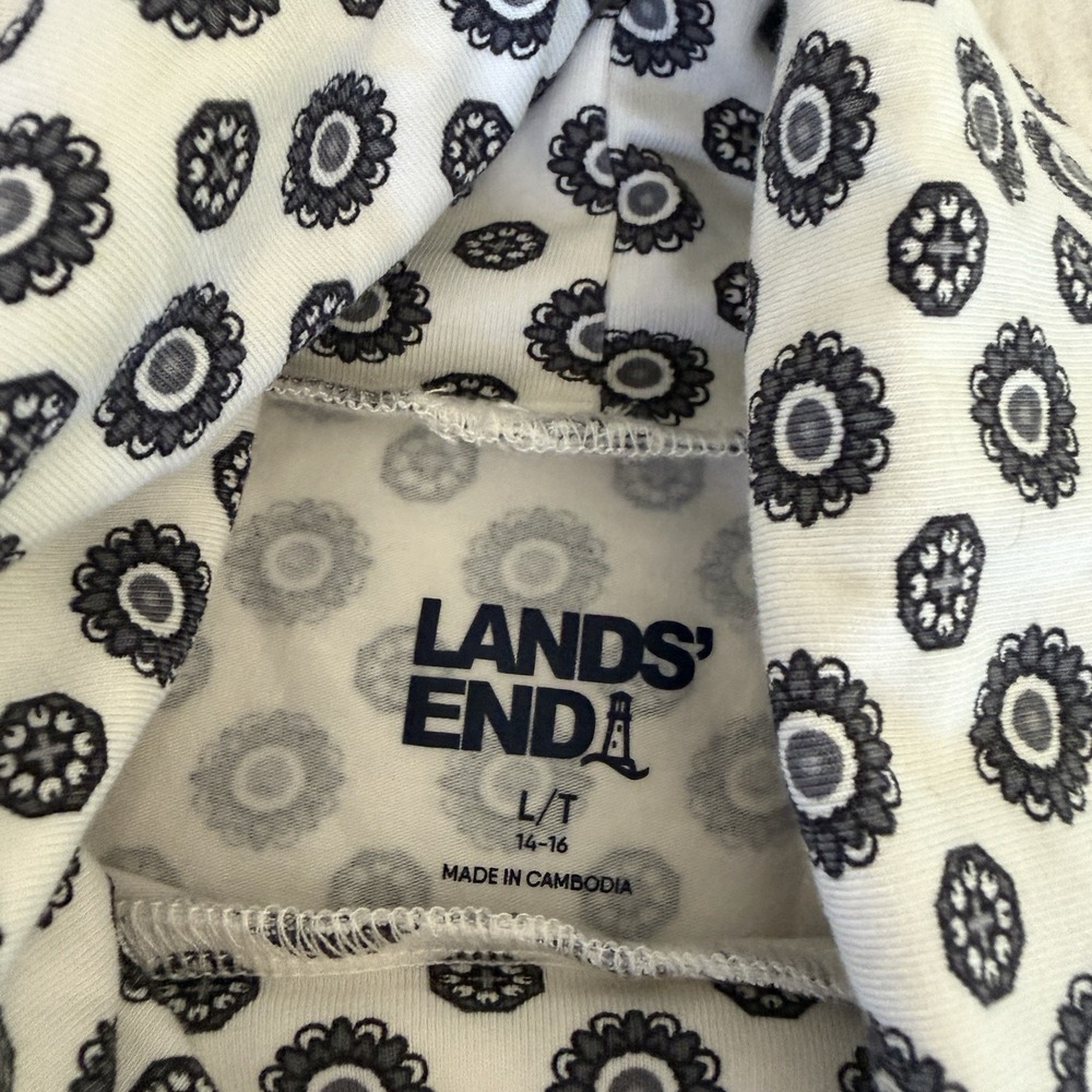 Lands' End Turtleneck Top Womens L Tall 14-16 White Black Floral Stretch Modal - Picture 2 of 7